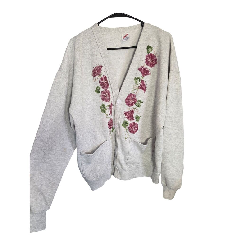 VTG 90s Jerzees Floral Cardigan Sweatshirt One Size OSFM Heather Grey Boho